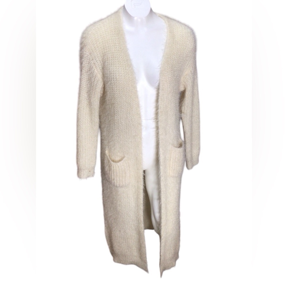 Hyfve FLUFFY OPEN FRONT HOODED LONGLINE KNIT CARDIGAN IN CREAM small